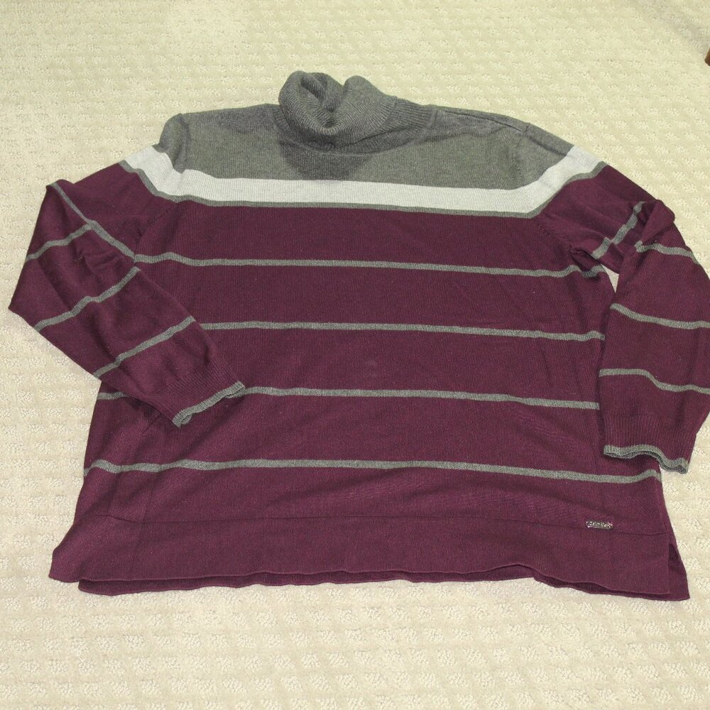 NWOT Calvin Klein Wm L Color-Blocked Striped Purple Grey Knit Turtleneck Sweater